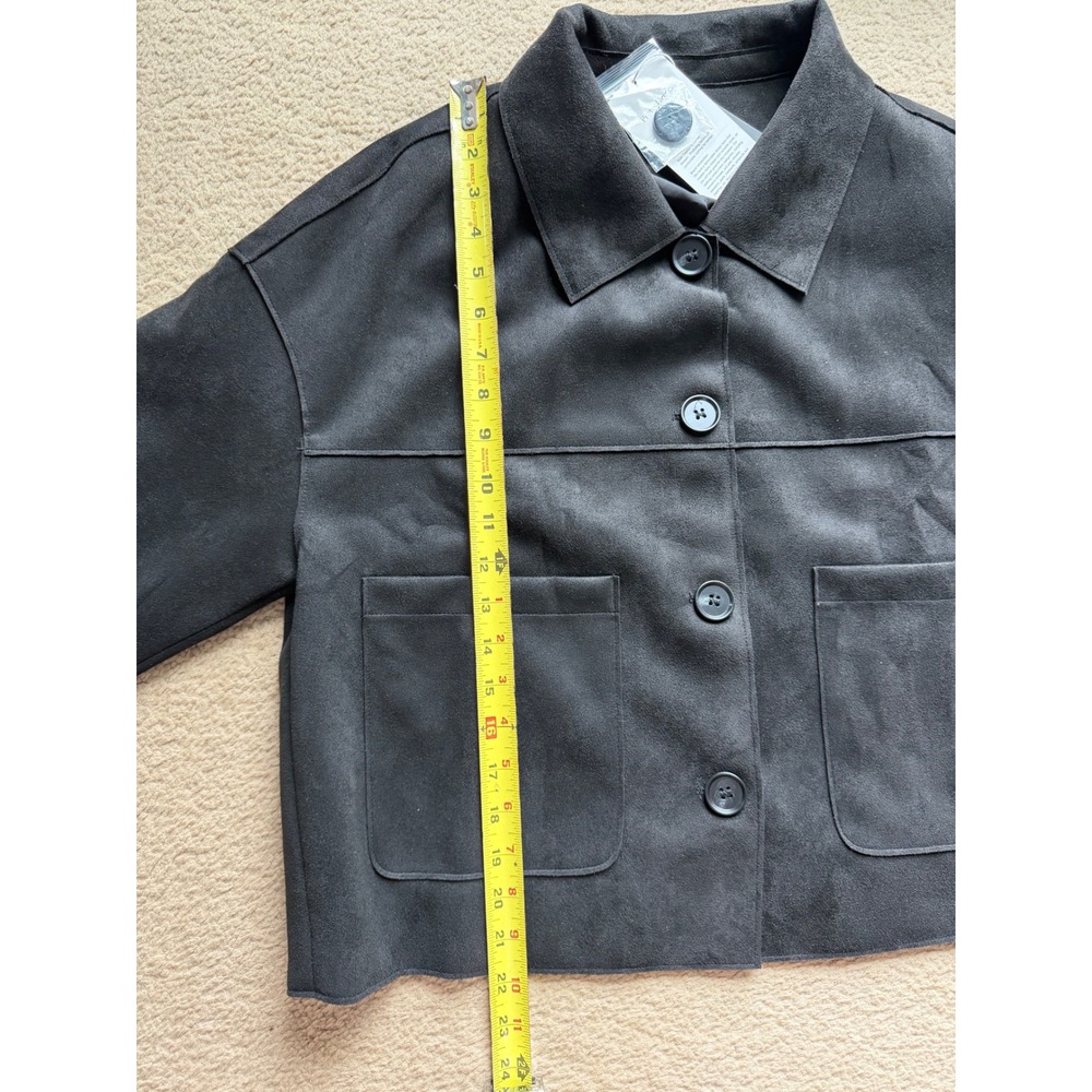 PrettyGarden‎ Women Black Faux Suede Cropped Jacket Button Up Shacket Size M NWT - Picture 6 of 7